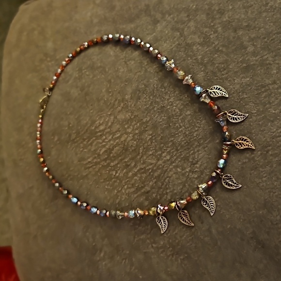 Handmade Etched Czech Glass Red Swarovski Crystal Beaded Leaf Holiday Necklace - Picture 5 of 9